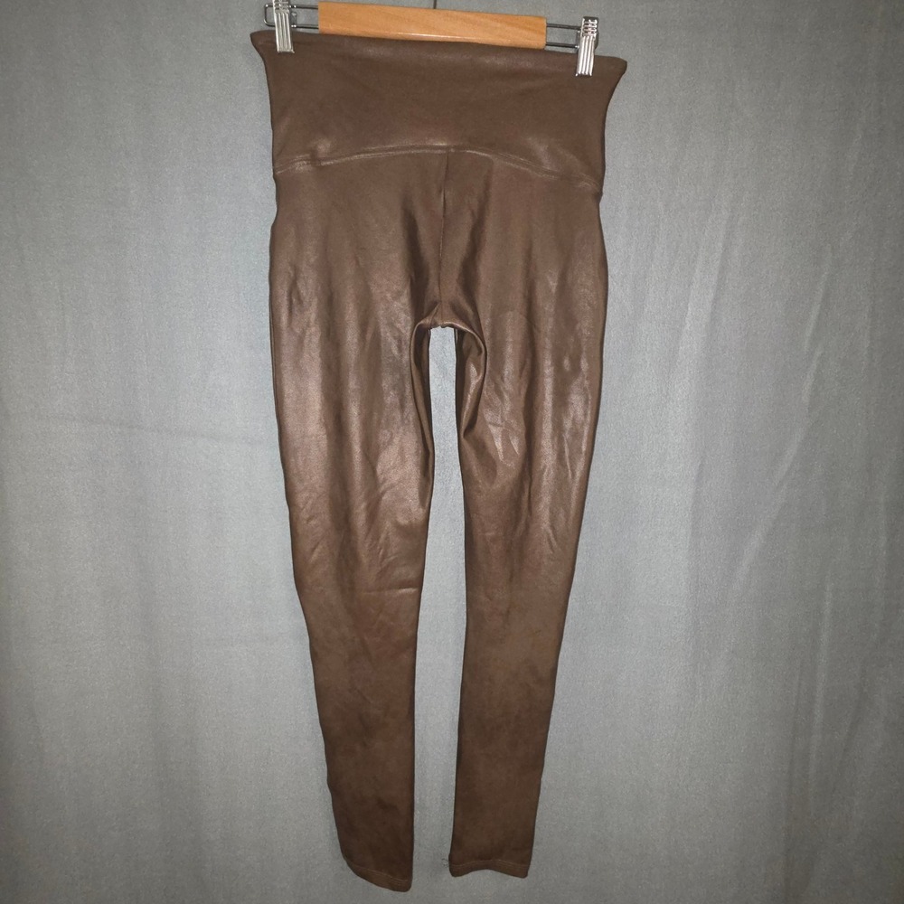 Spanx Faux Leather Leggings Women XL Espresso Brown High Waist Shaping Moto Chic - Picture 7 of 7